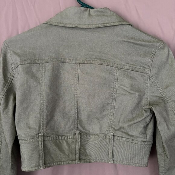 Bisou Bisou Cropped Olive Jean Jacket Button Up Size Size 2 Biker Edgy - Picture 7 of 12